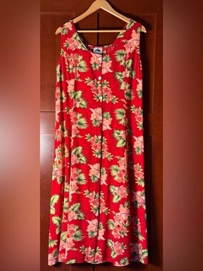 90’s Metropolitan Sleeveless Red Hibiscus Print Maxi Dress Button Front Size L